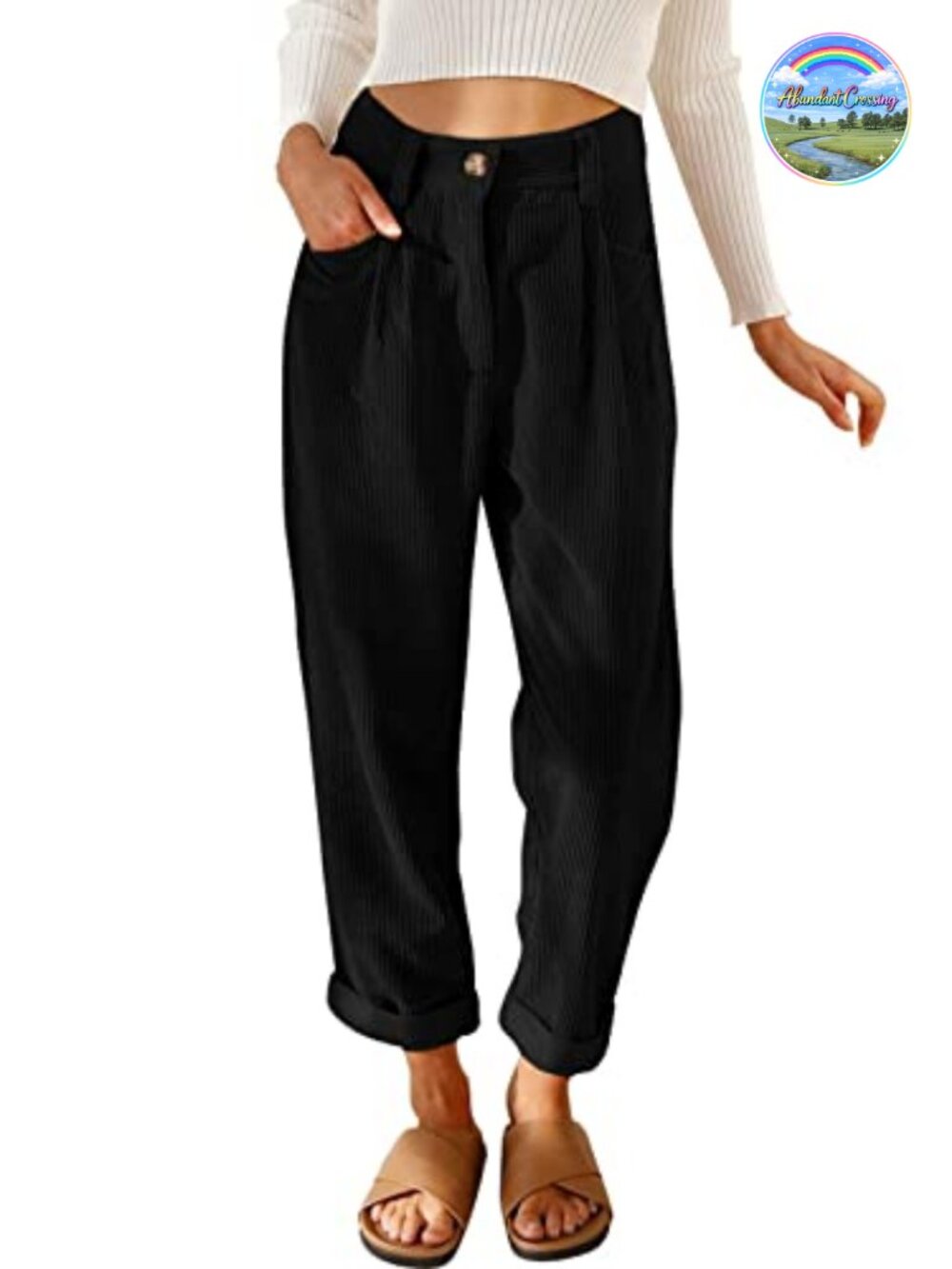 Womens Elastic Waist Straight Leg Corduroy Pants with Pockets